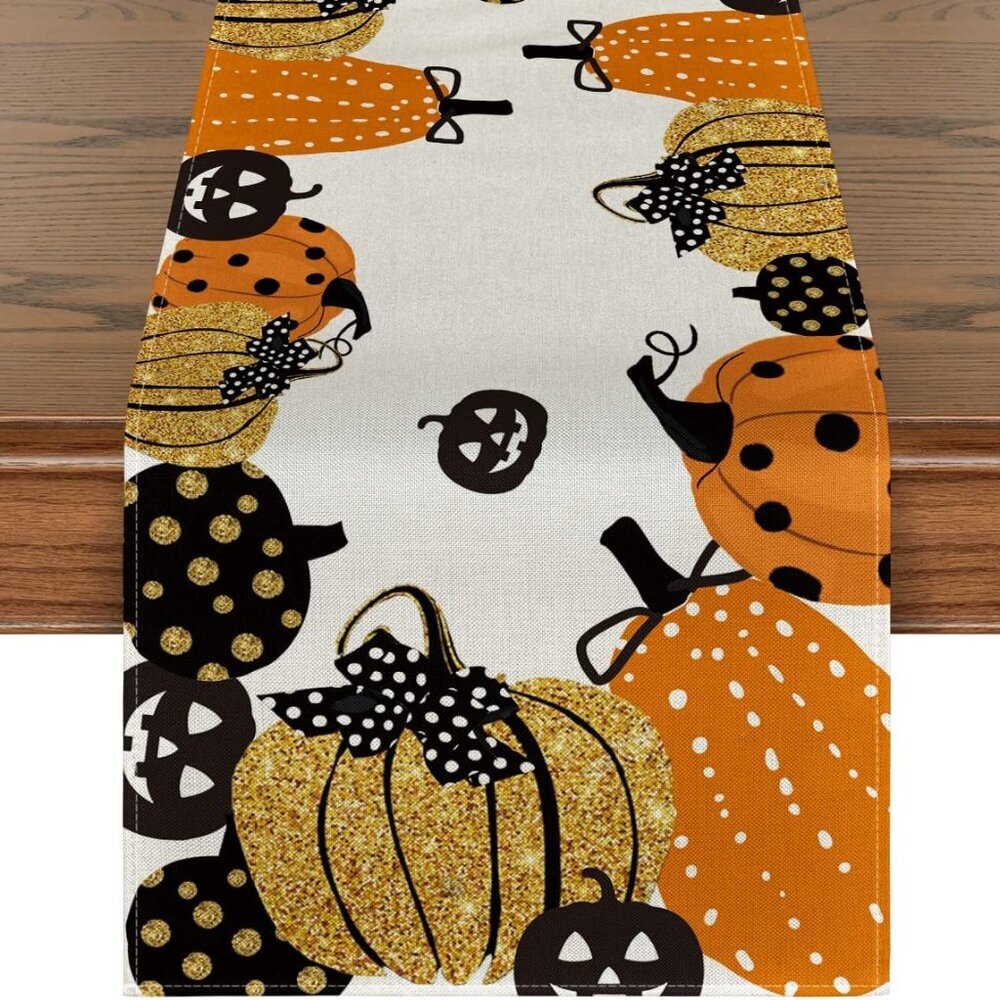 Halloween Jack-O-Lantern Pumpkin Table Runner, Holiday Kitchen Dining Table Deco